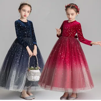 Új hosszú csipkebáli ruha Virág lányok ruha flitteres hercegnő tüll gyerekek esküvői parti elsőáldozási ruhák lányok estélyi ruha