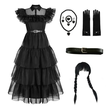 szerda Addam Cosplay jelmez lányok fekete gótikus ruhák paróka szerda cosplay Halloween jelmez nőknek Gyerekek