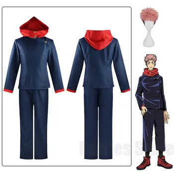 Anime Jujutsu Kaisen Itadori Yuji Cosplay jelmez öltöny kapucnis felső nadrág szett Iskolai egyenruha Cosplay jelmezek Paróka High Scholl öltöny