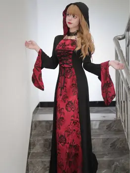 Halloween szerepjáték Nők Lányok köpeny Fekete piros köntös Teljes öltöny Denevér Vámpír Cosplay Outfit Boszorkány nekromanta Cosplay jelmez