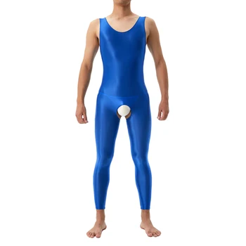 Férfi nyitott ágyékos jumpsuit Erotikus fehérnemű Szexi fényes szatén olaj Ujjatlan teljes testű harisnya Bodysuit medencés parti éjszakai klubhoz