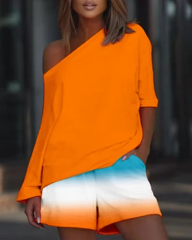 Női ferde nyakú felső & ombre rövidnadrág szett 2023 nyár egyvállú pulóver pólók Öltöny két darabból álló ruhák 2023 nyara