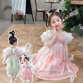 Nyár Ősi kínai stílusú jelmez Rövid ujjú Hanfu Gyerekek Rózsaszín virágos hímzés Lány tündér ruhák Party Színpadi viselet