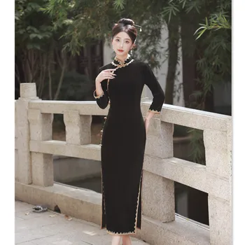 Elegáns vintage bársony hosszú Cheongsam őszi és téli temperamentum karcsú szabású Vestidos hagyományos kínai ruha plusz méret Qipao