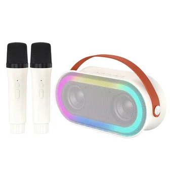 Mini karaokegép 2 vezeték nélküli mikrofonnal Hordozható BT hangszóró Újratölthető 10 W-os LED színes lámpák