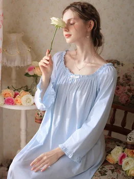 Francia viktoriánus hálóruha Tavaszi őszi pamut pizsama hálóing Női hosszú ujjú Laza fodrok Princess vintage hálóruha