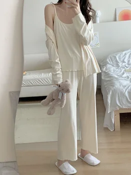 Pizsama szett tömör egyszerű stílusú harisnyatartó Cardigan hálóruha női nők 2022 ősz Új, kényelmes társalgóruha háromrészes szett D500