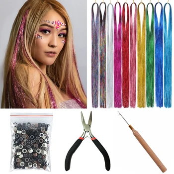 16 szín csillogó haj talmi szivárványszínű csillogó hajhosszabbítás női fejdísz hosszú 110cm 120 szál/táska